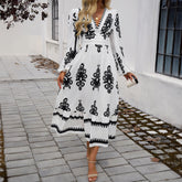 Elegant Printed V Neck A Line Dress